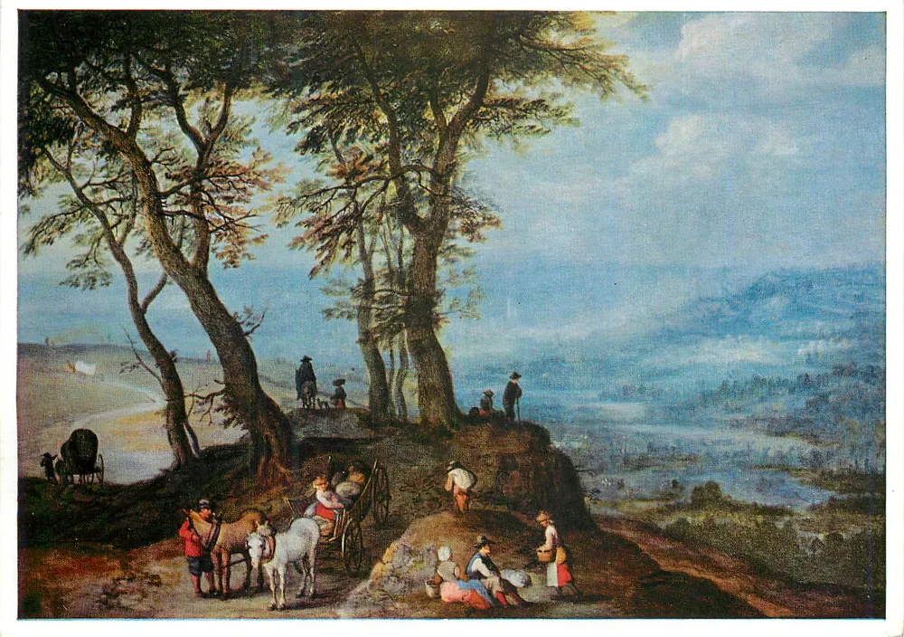 Scena di paesaggio con carrozza e personaggi — riproduzione di un dipinto — editore non identificabile - Recto