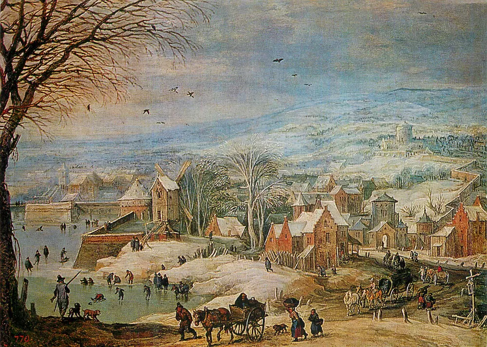 Winterblick auf eine städtische Landschaft — Ölmalerei — n° 770 sichtbar unten links - Vorderseite