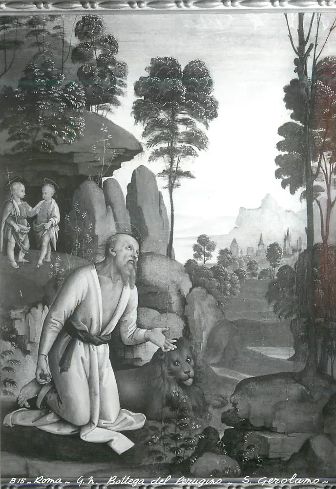 São Jerônimo e o leão — pintura de Pietro Perugino — Galleria di Roma - Frente