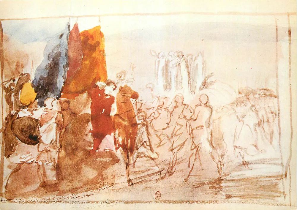 Cena de procissão — desenho aquarelado e a lápis — assinado B.N. 1917 - Frente