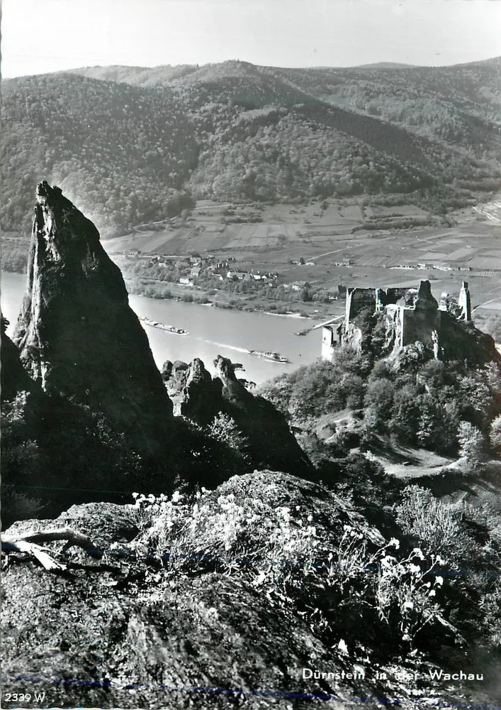 Dürnstein in der Wachau — vista panorâmica com castelo e rio — editor W, n° 2339 W - Frente