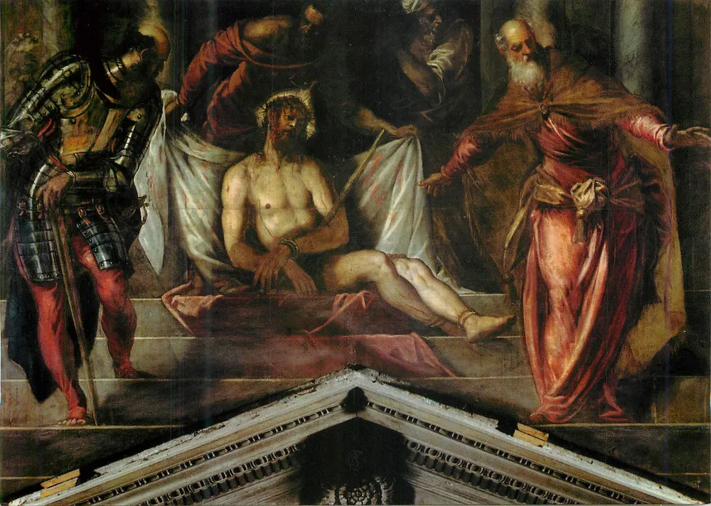 Chrystus w centrum sceny Flagelacji — malowidło ścienne — wydawca nieznany, numer serii nie widoczny - Awers