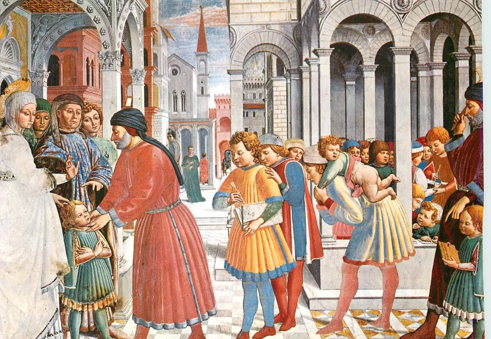 Cena da vida de Santa Catarina de Alexandria — pintura de Fra Angelico — editor desconhecido, número de série não visível - Frente