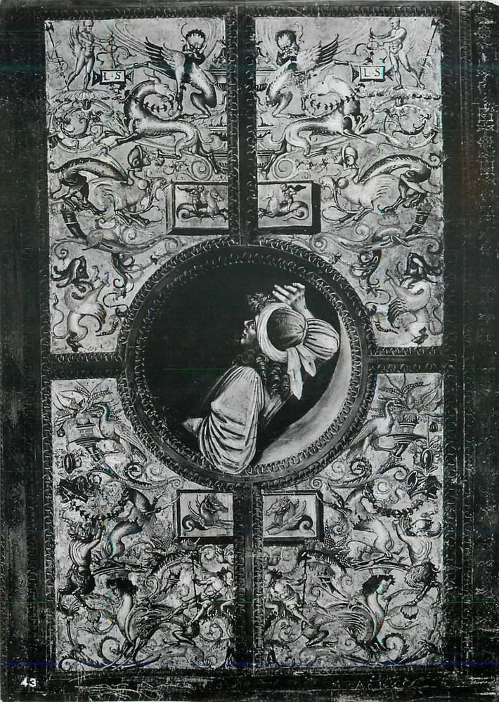 Porta esculpida decorada com motivos mitológicos — detalhe da porta da capela da Virgem em Florença — editor não identificado, número de série 43 - Frente