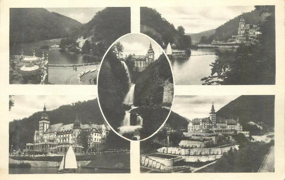 Veselí nad Moravou — vista panorâmica com cascata e edifícios — editor não identificável - Frente