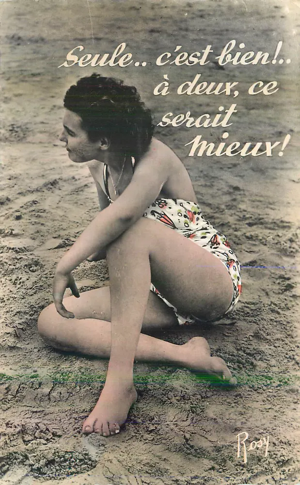 Frau allein am Strand — humorvoller Text — Roosy - Vorderseite