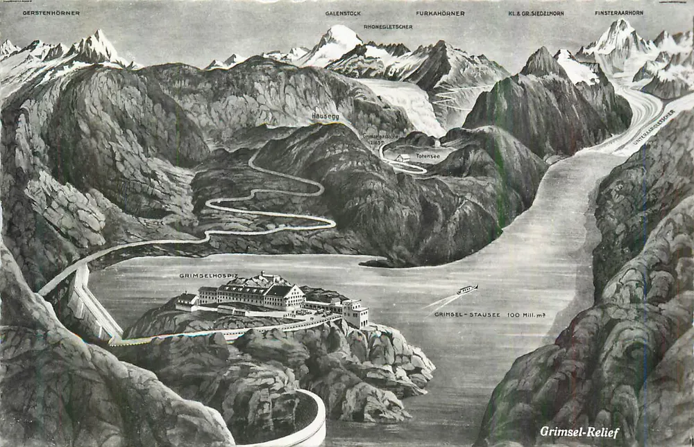 Grimsehl-Relief — Vista panorâmica do lago e do hospício — Grimsel-Relief - Frente
