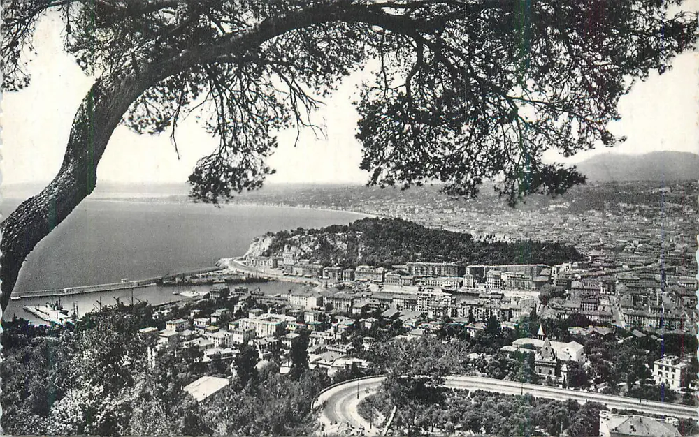 Vista da cidade e do porto de Menton — vista tirada de uma árvore — editor não visível - Frente