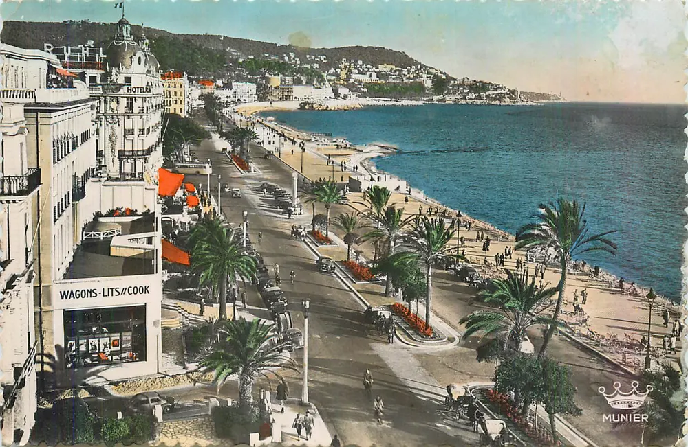 View of the Promenade des Anglais in Nice — Hotel Ruhl and WAGONS-LITS-COOK Shop — Publisher Munier - Front