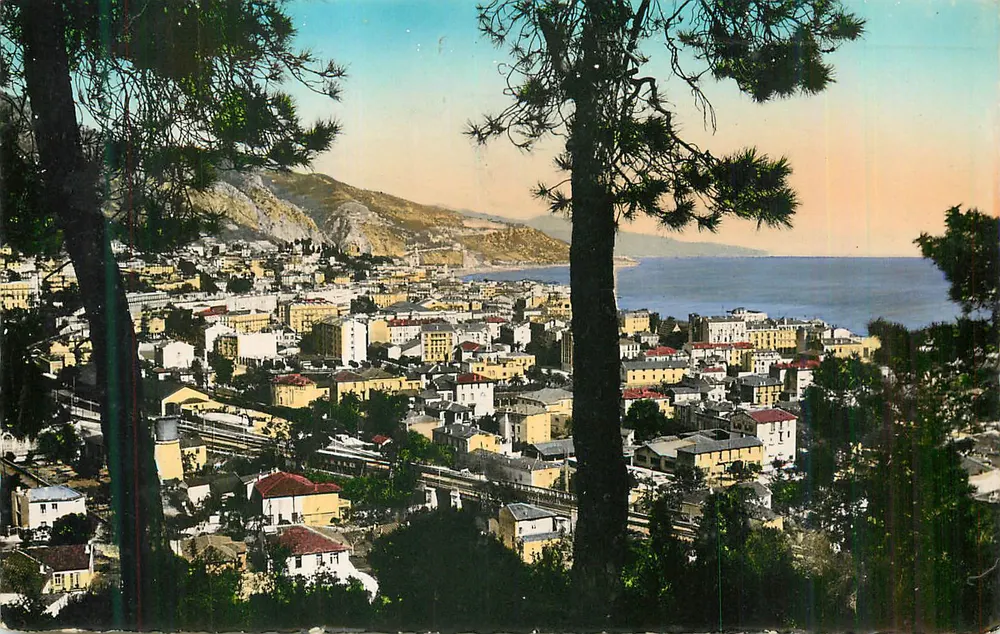 Vista da cidade costeira — vista a partir dos pinheiros — editor não visível - Frente