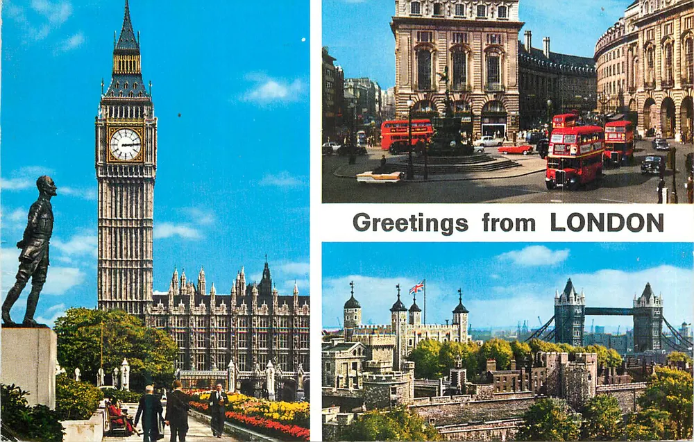 Londyn — Big Ben, czerwone autobusy i Most Tower — wydawca nieznany - Awers