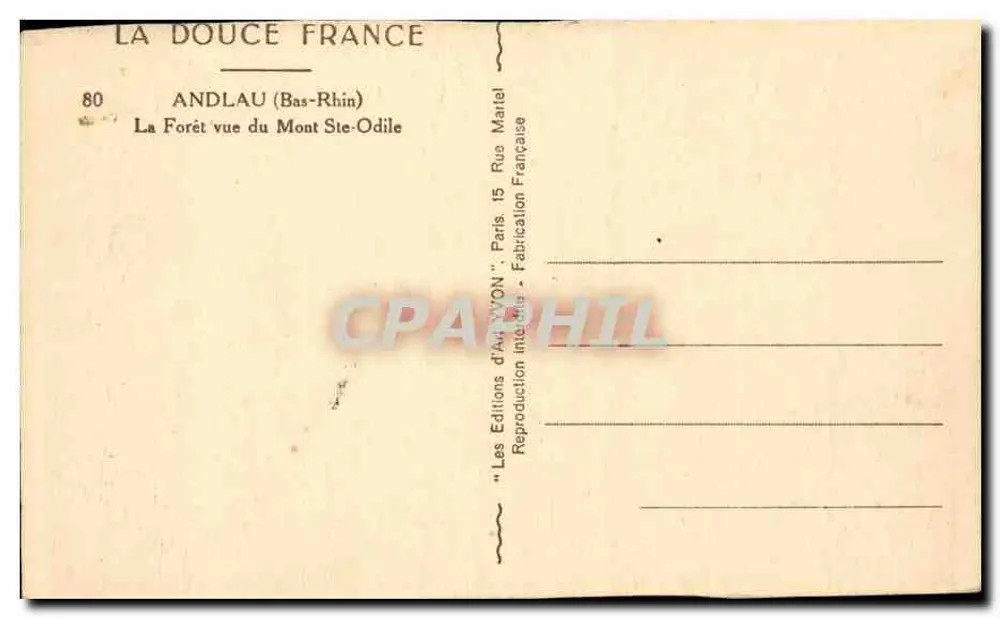 Andlau (Bas-Rhin) — La Forêt vue du Mont Ste-Odile — Les Éditions d'Art 'WON' Paris - Verso