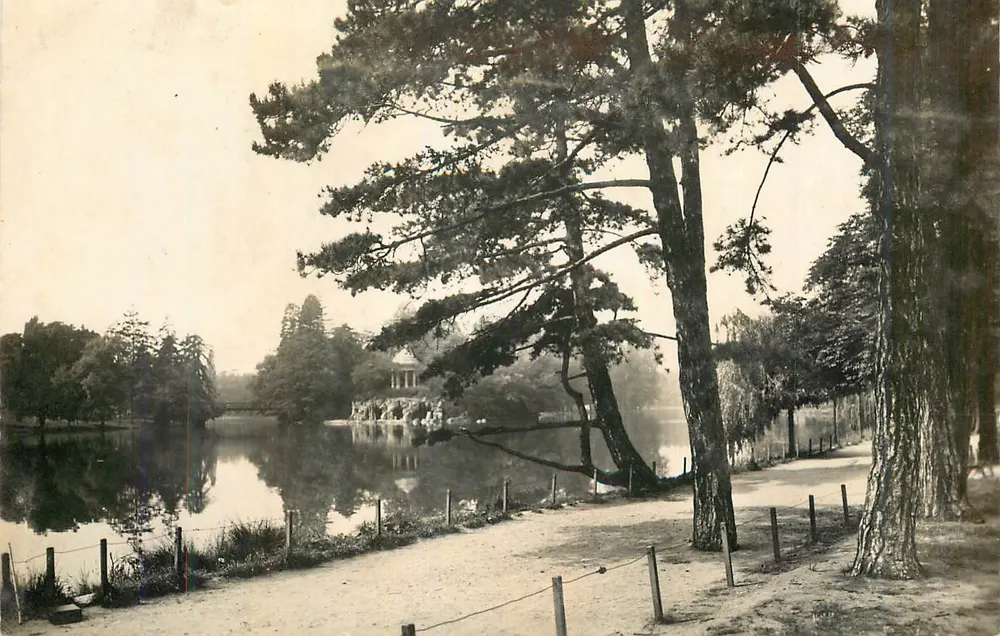 Lago em um parque — vista com pinheiro-cipreste e kiosco — editor não visível - Frente