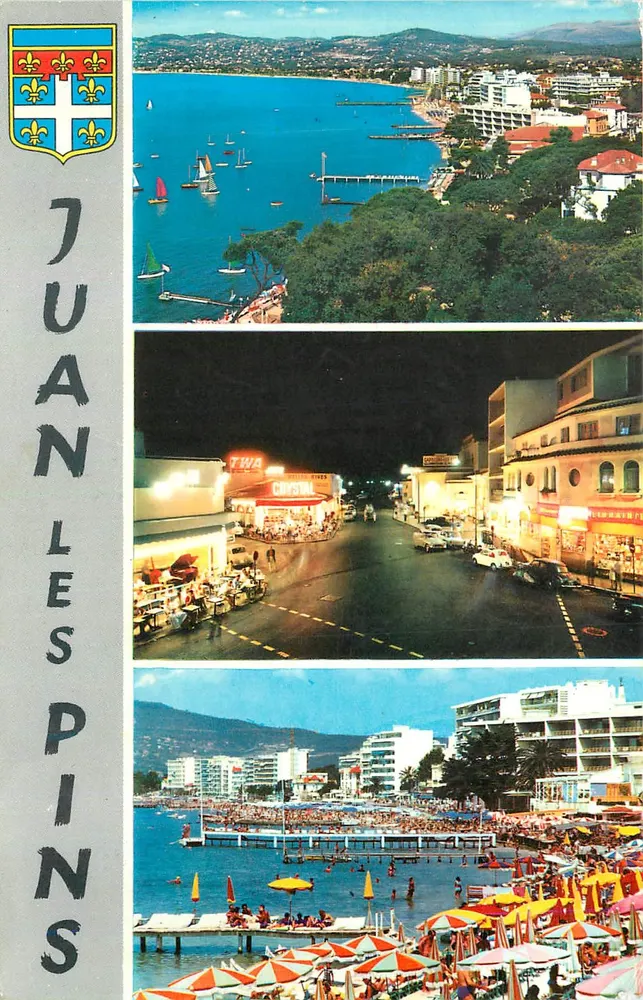 Juan-les-Pins — vista aérea, rua animada, praia — editor desconhecido, número de série não visível - Frente