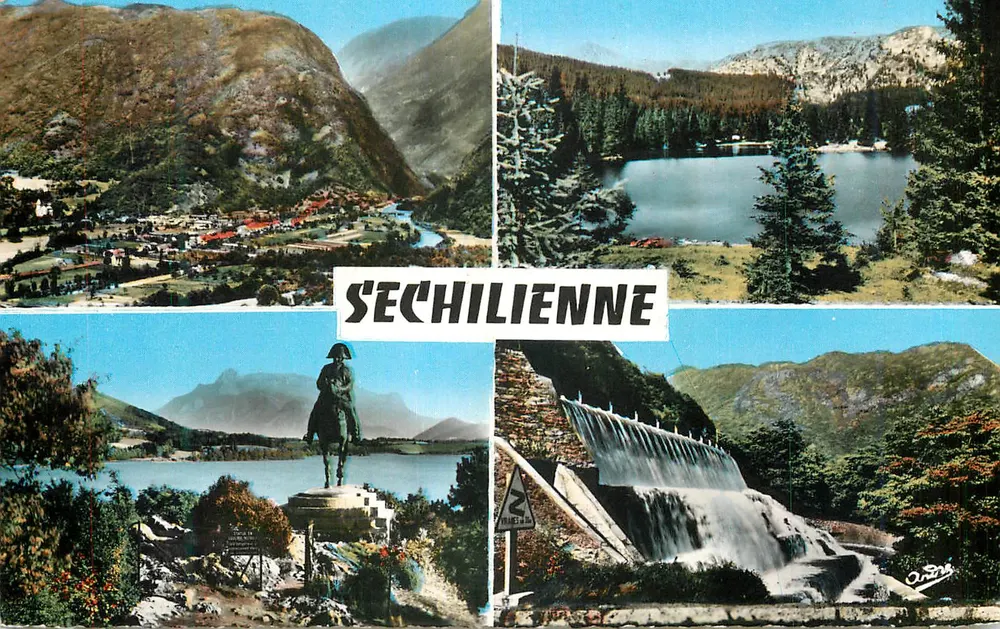 Séchilienne — Panoramablick mit Statue, See und Staudamm — Verlag André - Vorderseite