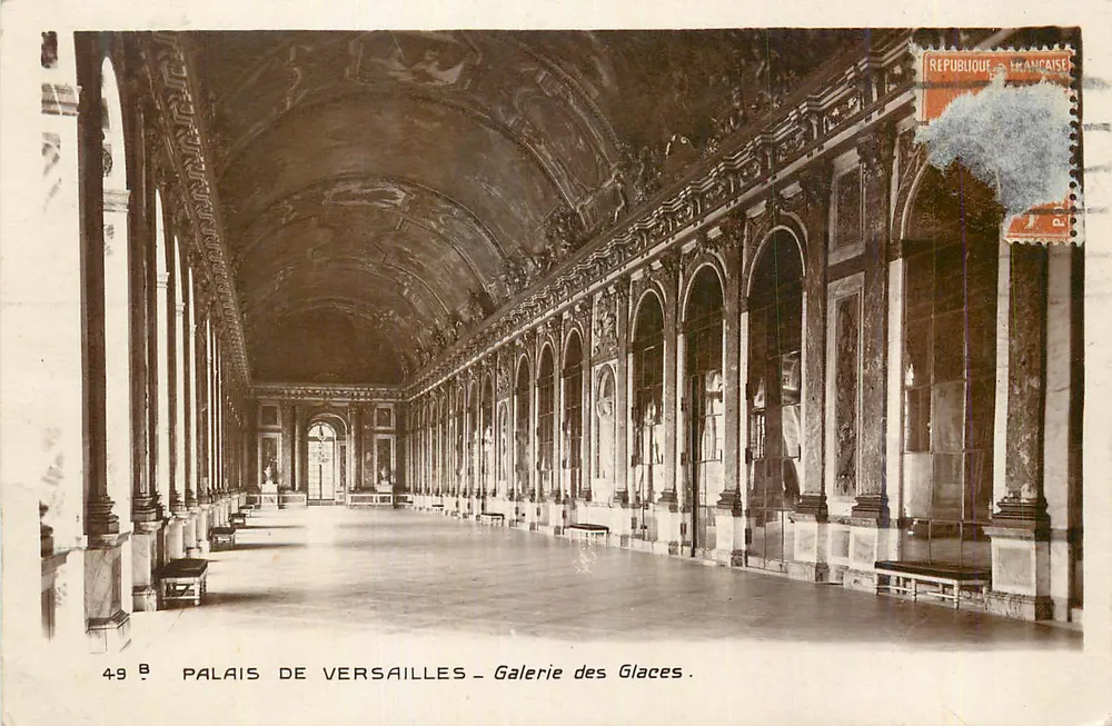 Palazzo di Versailles — Galleria dei Specchi — editore non visibile, n. di serie 49 - Recto