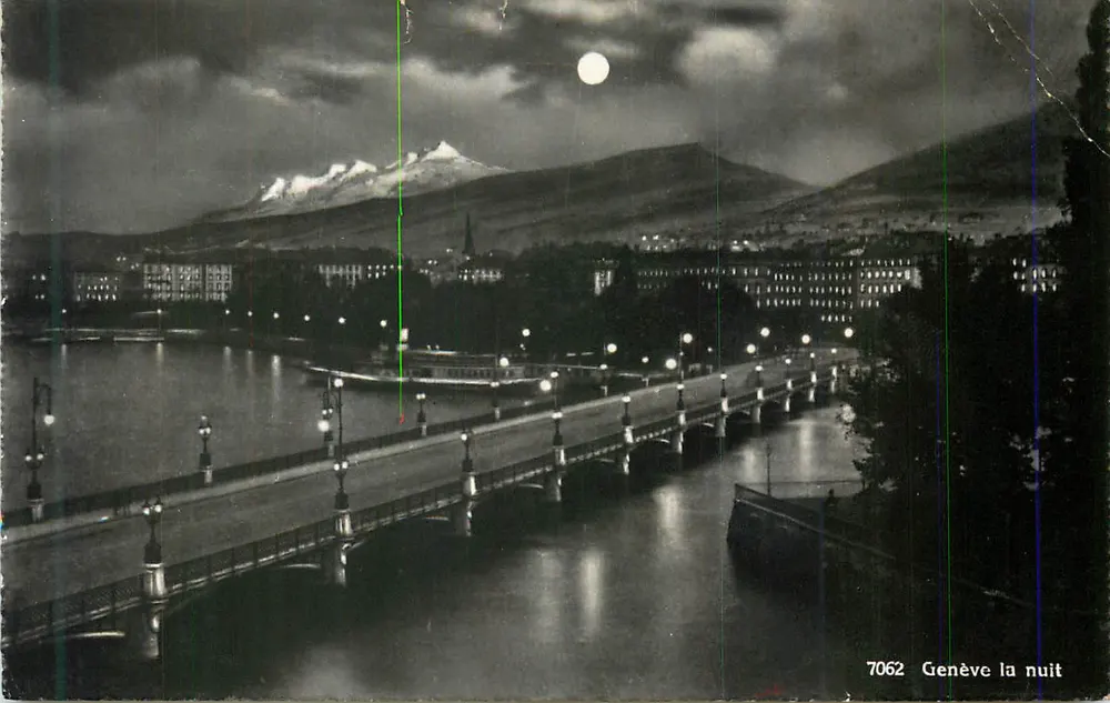 Genewa w nocy — nocny widok jeziora i mostu — wydawca nieznany, numer seryjny 7062 - Awers