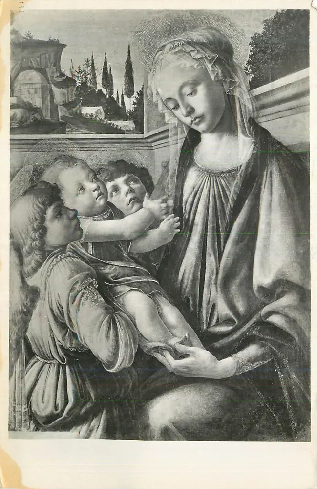 Maria mit Kind und zwei Engeln — Nachbildung eines Werkes, das Sandro Botticelli zugeschrieben wird — unbekannter Verleger - Vorderseite