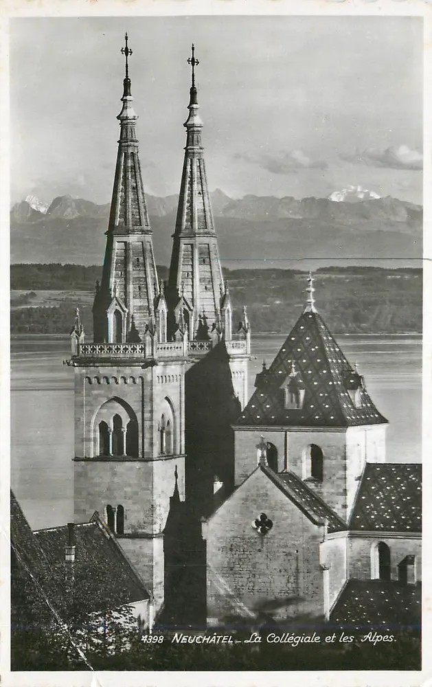 Neuchâtel — A Catedral e as Alpes — editor anônimo, n° de série 4398 - Frente