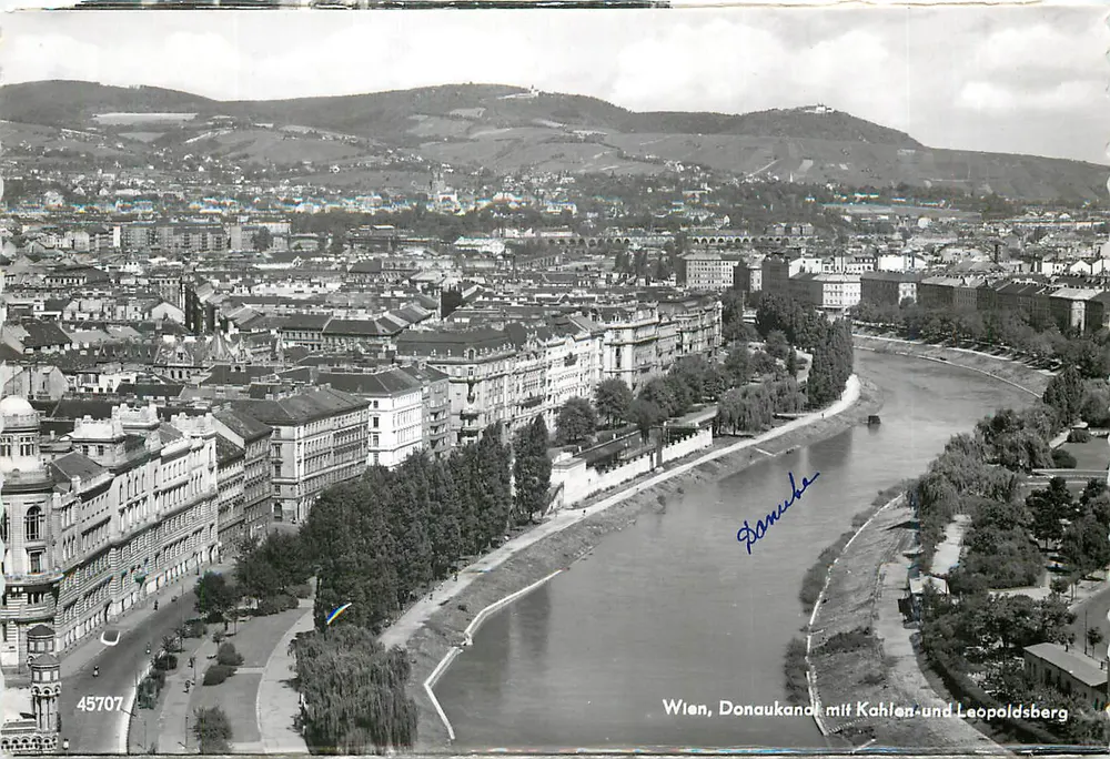 Vienna, Canale Danubio con Kahlen e Leopoldsberg — editore sconosciuto, n° 45707 - Recto