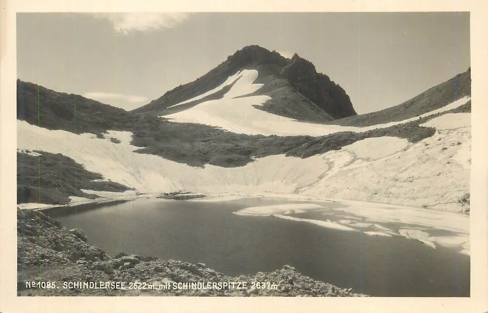 Schindlersee 2522m com Schindlerspitze 2637m — paisagem alpina nevada — editor desconhecido, n° 1085 - Frente