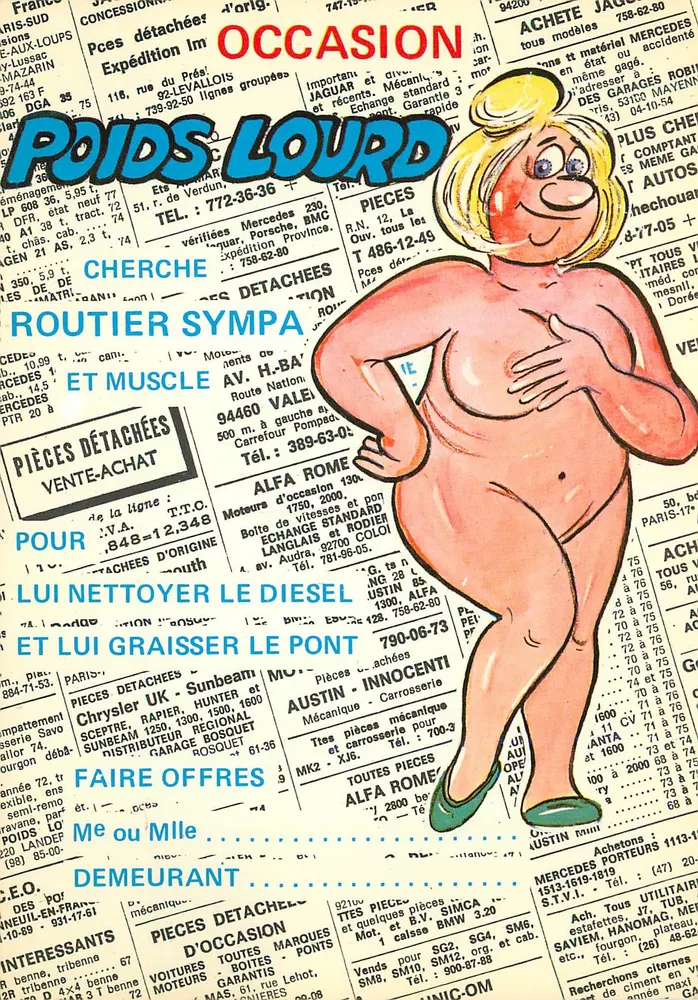 Publicité pour pièces détachées automobiles — Occasion — Poids lourd — Illustration d'une femme nue - Recto