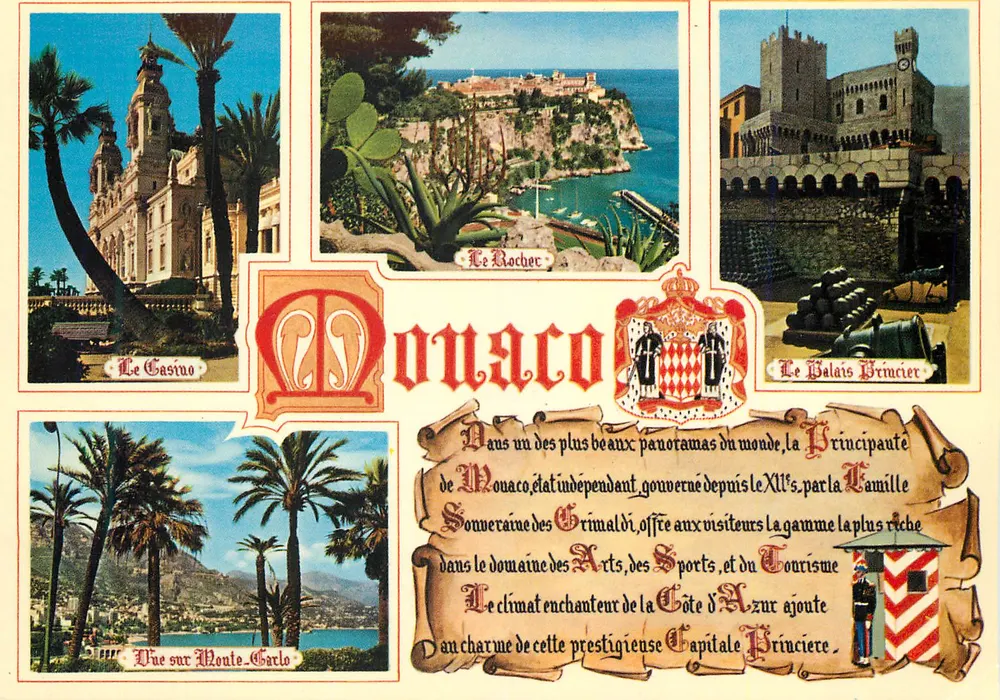 Monaco — Le Casino, Le Rocher, Le Palais Princier, Vue sur Monte-Carlo — Éditeur non visible, n° de série non visible - Recto