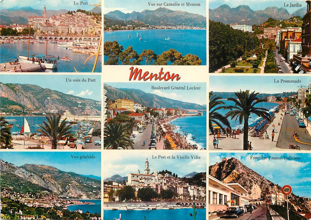 Menton — Vue sur Carnolès et Menton, Le Port, Le Jardin, Boulevard Général Leclerc, La Promenade, Vue générale, Le Port et la Vieille Ville, Frontière Franco-Italienne - Recto