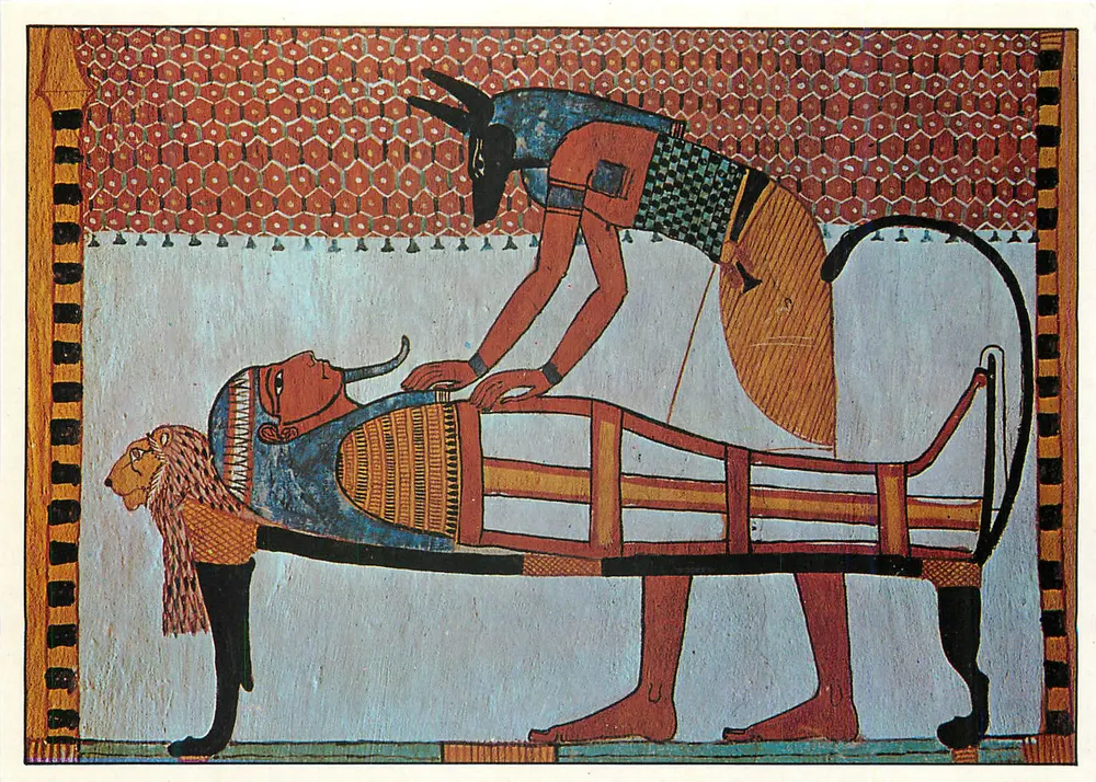 Anubis et le défunt — scène funéraire égyptienne — éditeur non visible - Recto