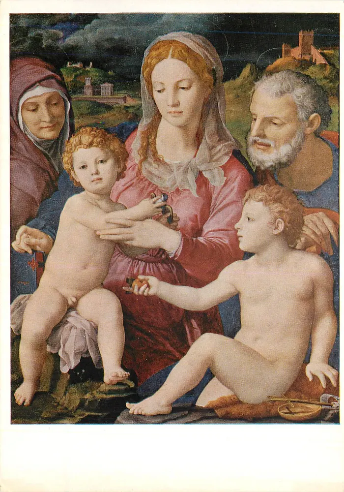 La Vierge à l'Enfant avec saint Jean-Baptiste et sainte Anne — reproduction d'une peinture de Piero di Cosimo — éditeur non visible - Recto
