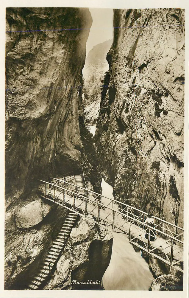 Haraeschlucht — garganta com ponte metálica e escadas — carta postal antiga - Frente