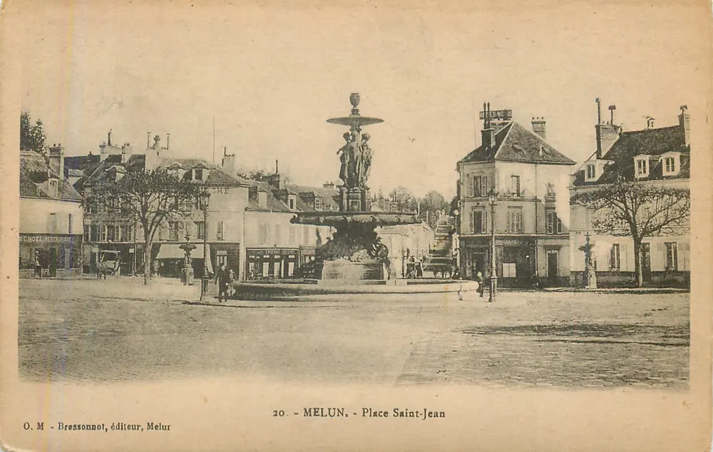 Melun - Praça São João — Fonte central — O. M. Bressonnot, editor, Melun - Frente
