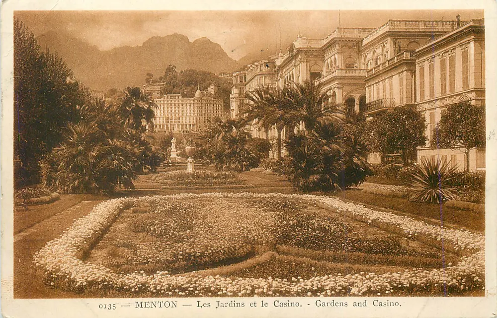 Menton — Les Jardins et le Casino — Éditeur non identifié, n° de série 0135 - Recto