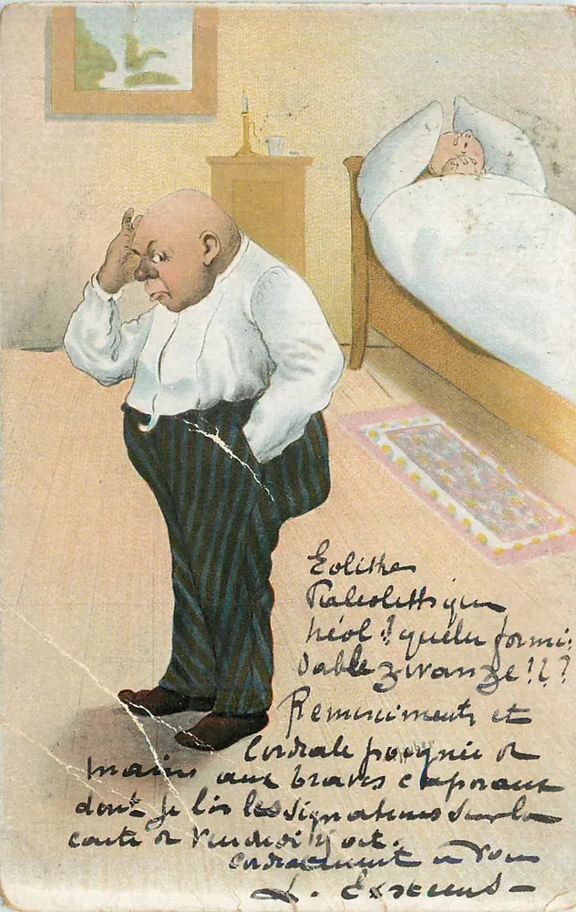 Homem decepcionado diante de uma cama — desenho humorístico — editor e n° de série não legíveis - Frente
