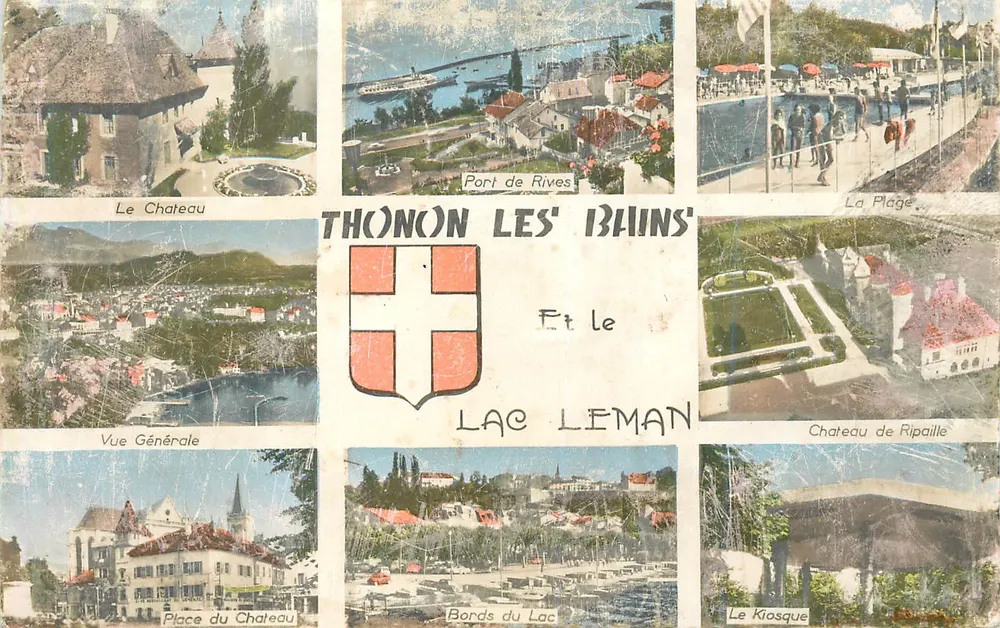 Thonon-les-Bains — Panoramic view with castle, port, beach and Lake Léman — unknown publisher, series number not visible - Front