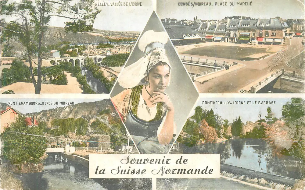 Condé-sur-Noireau — Marktplatz, Brücke von Ouilly, Brücke von Erambourg — Erinnerung an die normannische Schweiz - Vorderseite