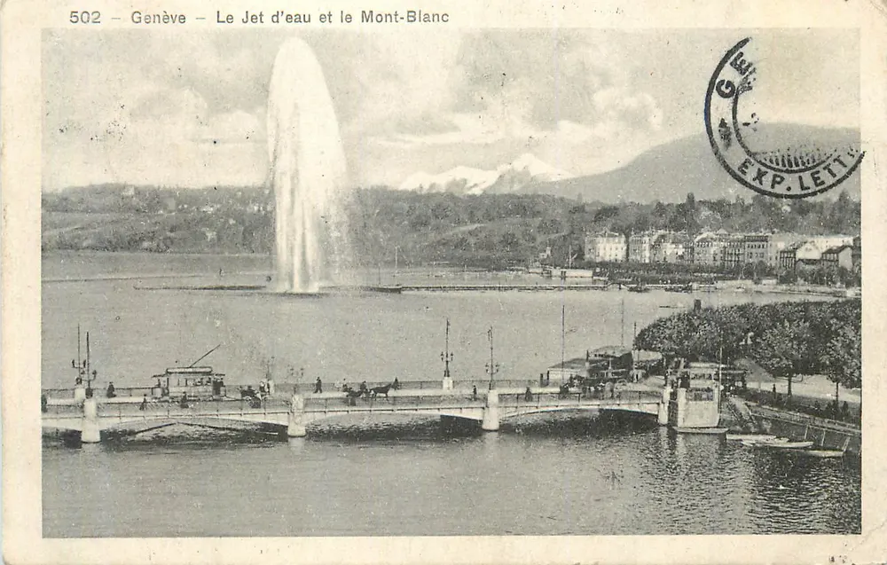 Genebra — O Jato de Água e o Monte Branco — editor não identificado, n° de série 502 - Frente