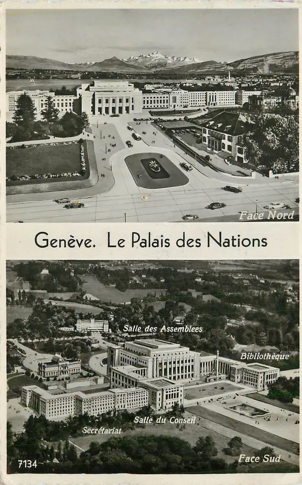 Genebra. O Palácio das Nações — vista aérea — editor desconhecido, n° 7134 - Frente