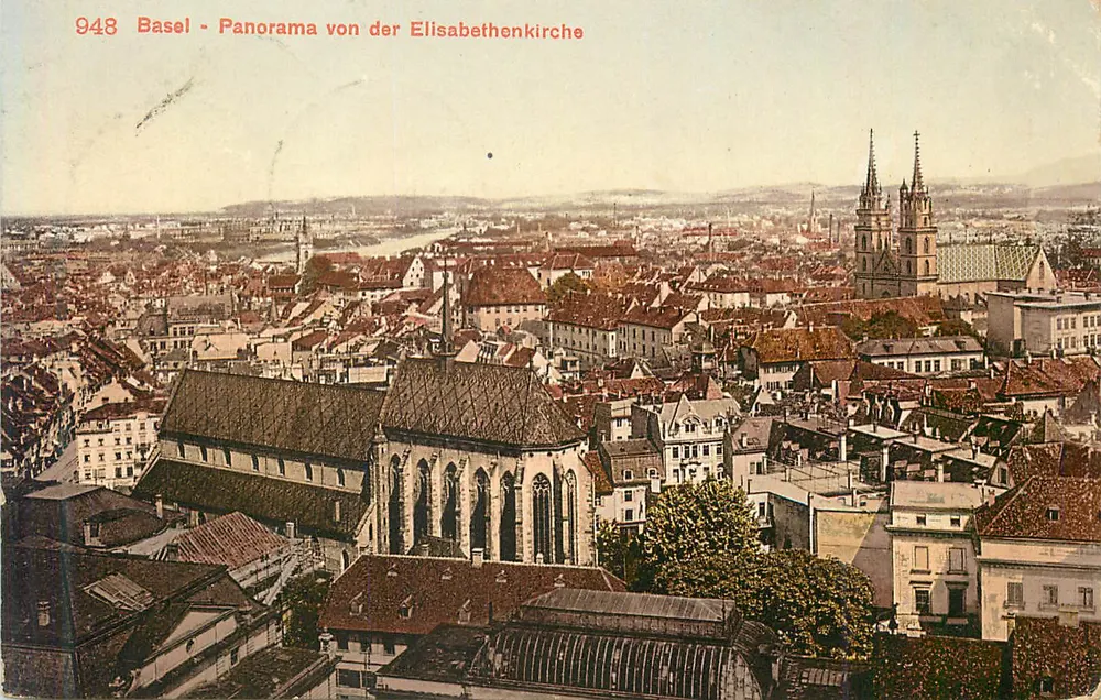 Basel - Panorama from the Elisabethenkirche — aerial view of the city with the cathedral - Front