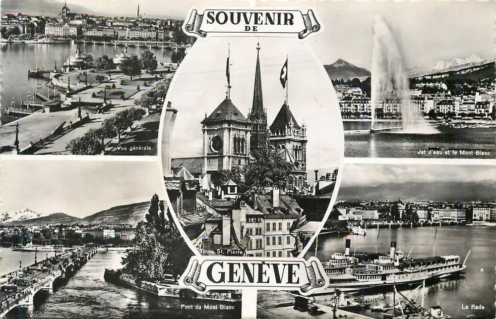 Genebra — Visão geral, Jato d'água, Ponte do Monte Branco, Torres de São Pedro — Lembrança de Genebra - Frente