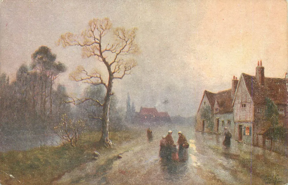 Pueblo bajo la lluvia — pintura al óleo — editor no identificado - Anverso