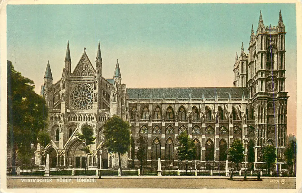 Westminster Abbey, Londyn — widok fasady i dzwonnicy — wydawca anonimowy, numer seryjny 16801 - Awers
