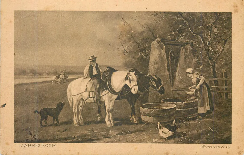 L'ABREUVOIR — cena de campo com cavaleiro, mulher e animais — Fromentins - Frente