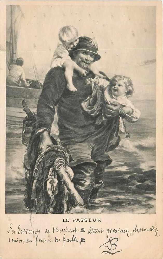 El Barquero — Su barca se pierde en la distancia, dos niños encantadores en sus hombros — grabado de Dossi Gracieux - Anverso