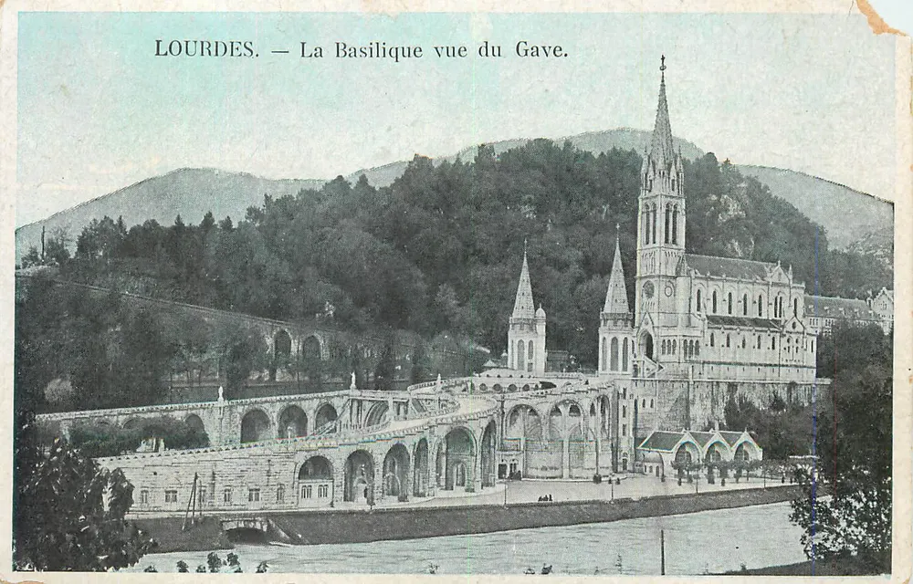 LOURDES. — View of the Basilica from the Gave. - Front