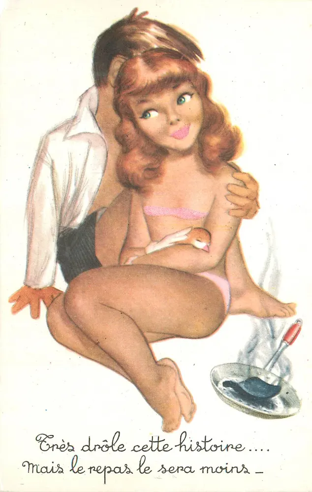 Jeune femme en maillot de bain — illustration humoristique — éditeur et n° de série non lisibles - Recto
