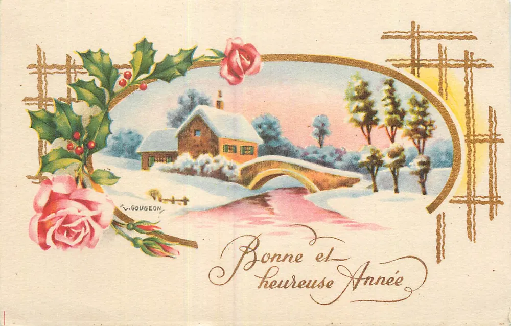 Paisagem invernal — casa e ponte nevados — L. Gougeon - Frente