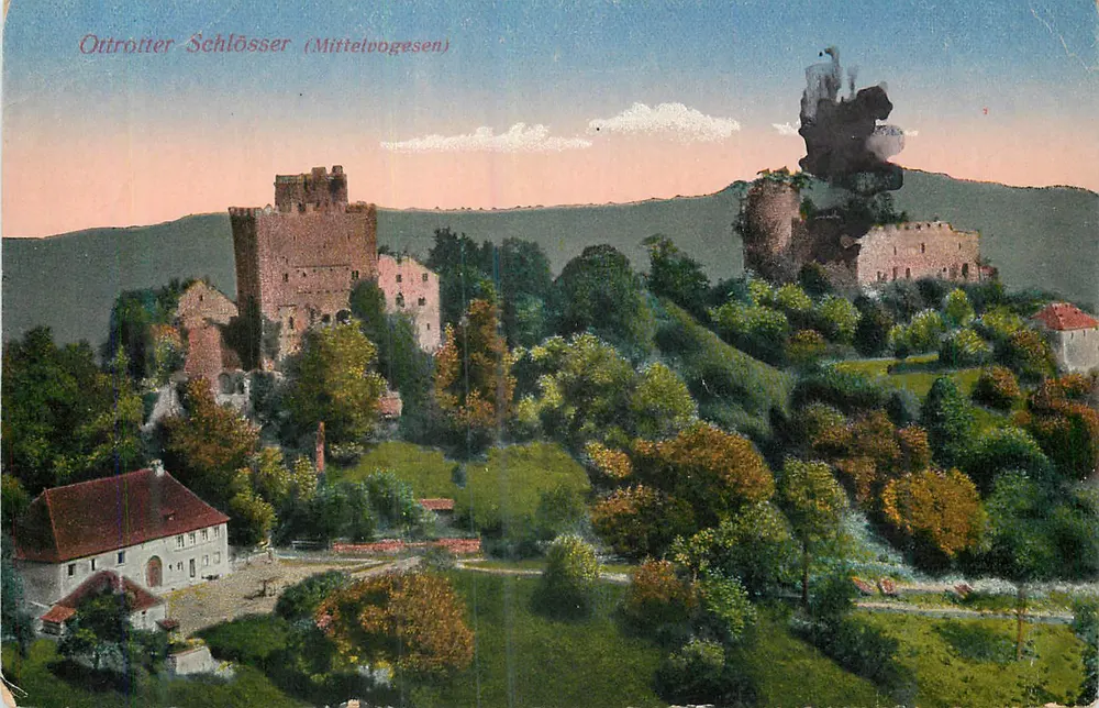 Ottrotter Schlosser (Mittelvogesen) — ruínas de castelos em colina arborizada — editor não visível - Frente