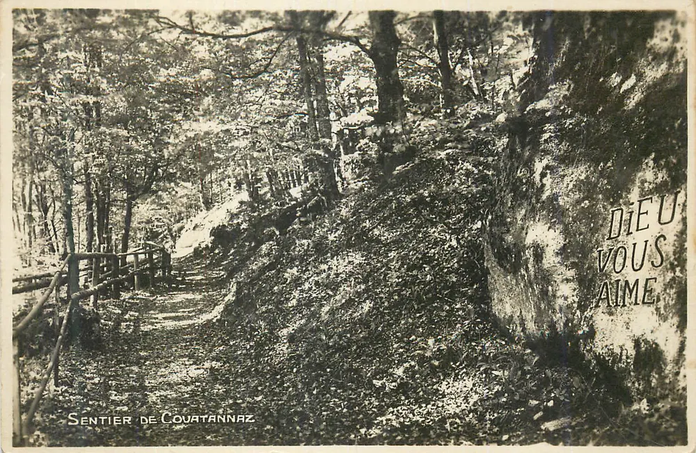 Sentier de Couratannaz — paisagem florestal com inscrição mural — editor desconhecido - Frente