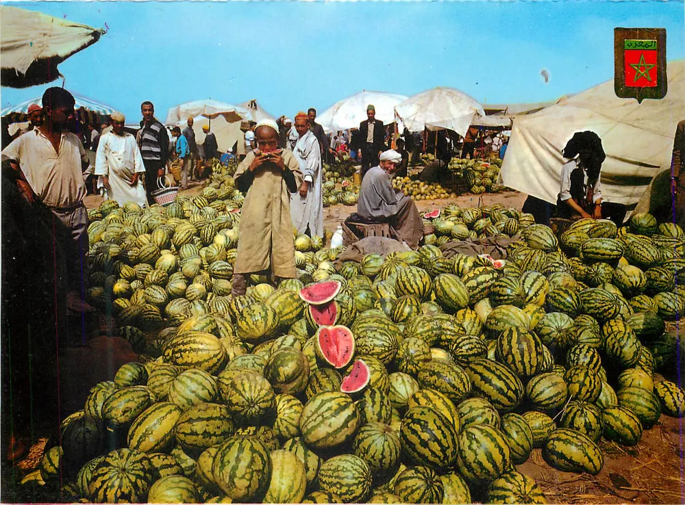 Mercado de melões de verão — Marrocos — editor desconhecido, número de série não visível - Frente